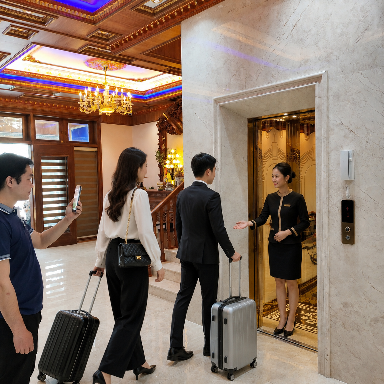 Nhân viên lễ tân khách sạn đón khách kéo vali bước vào thang máy sang trọng